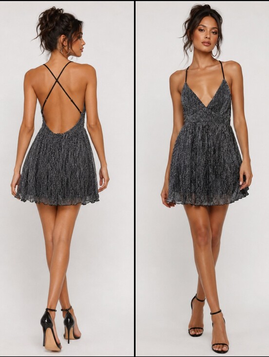 Lulus Dresses & Skirts - Lulus Womens Metallic Charcoal Criss-Cross Straps V-Neck Mini Dress Size M